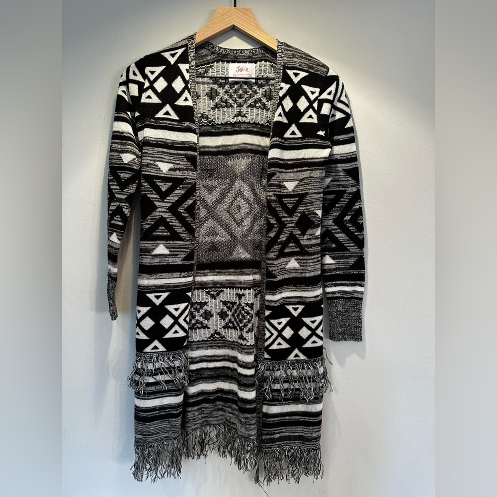 Justice Black and White Geometric Pattern Cardigan with Fringe